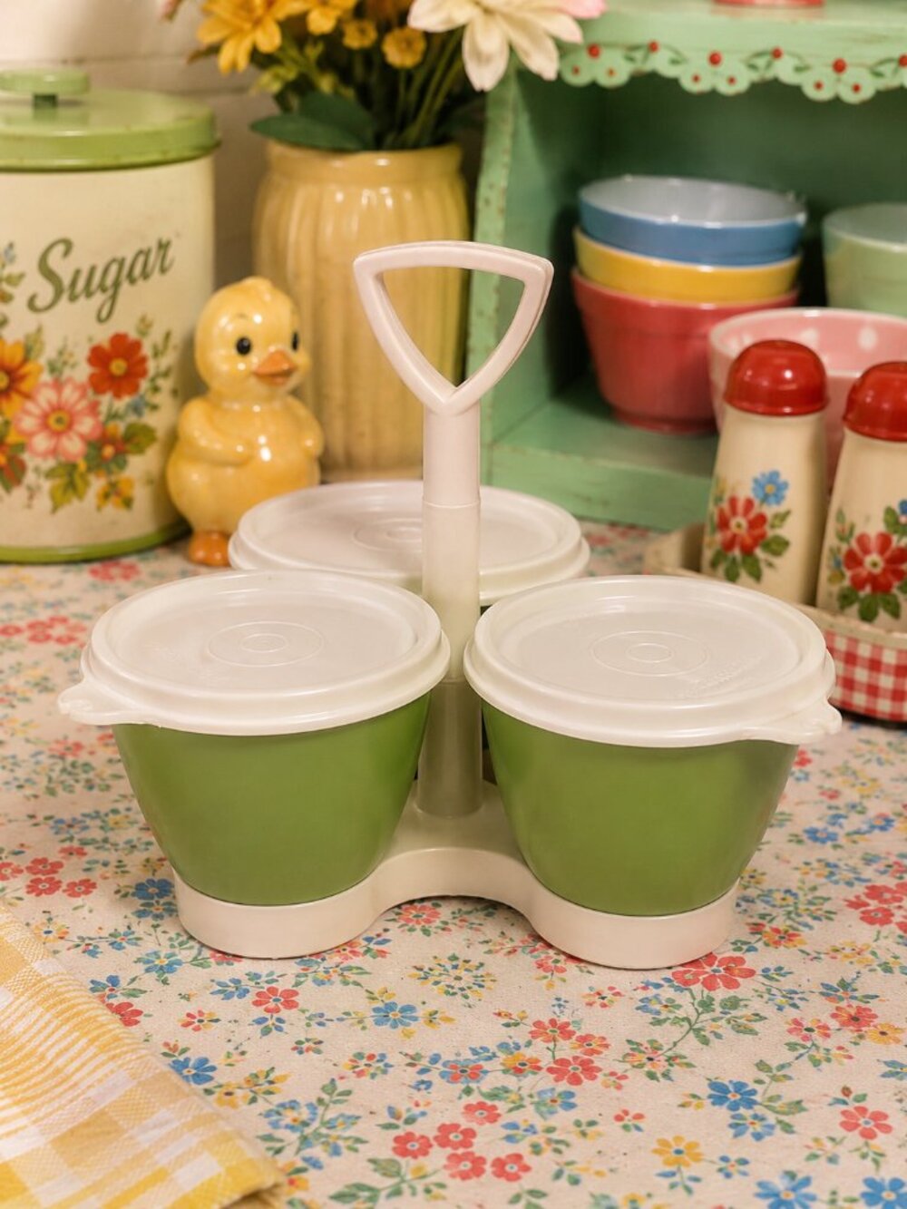 Vintage TUPPERWARE Triple Snack Server Condiment Caddy Avocado Green w/ Lids